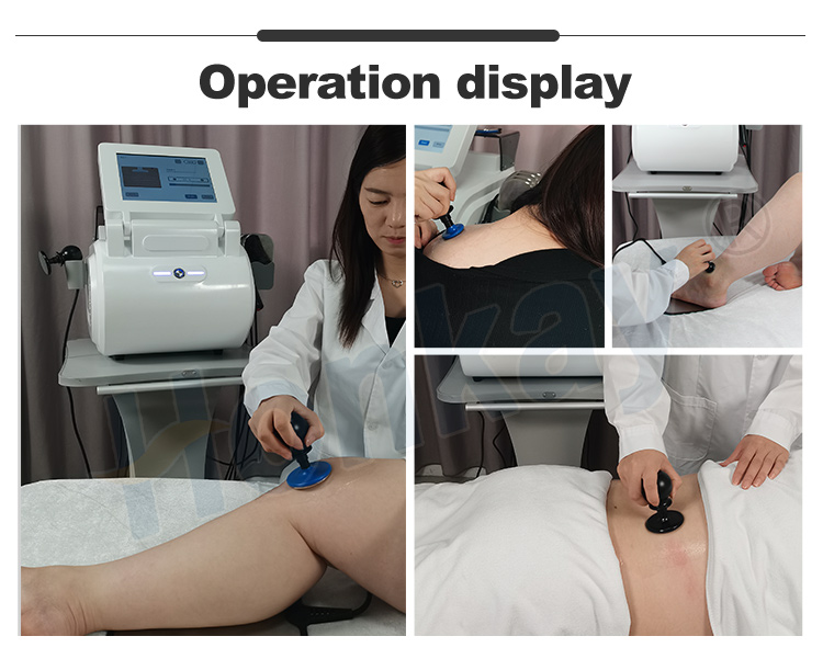 Practitioner using the capacitive and resistive handpieces on a knee, back, foot and shoulder in a treatment room