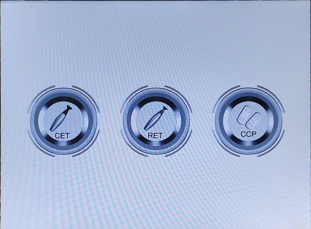 TECAR screen showing the three selectable electrode modes labelled CET, RET and CCP