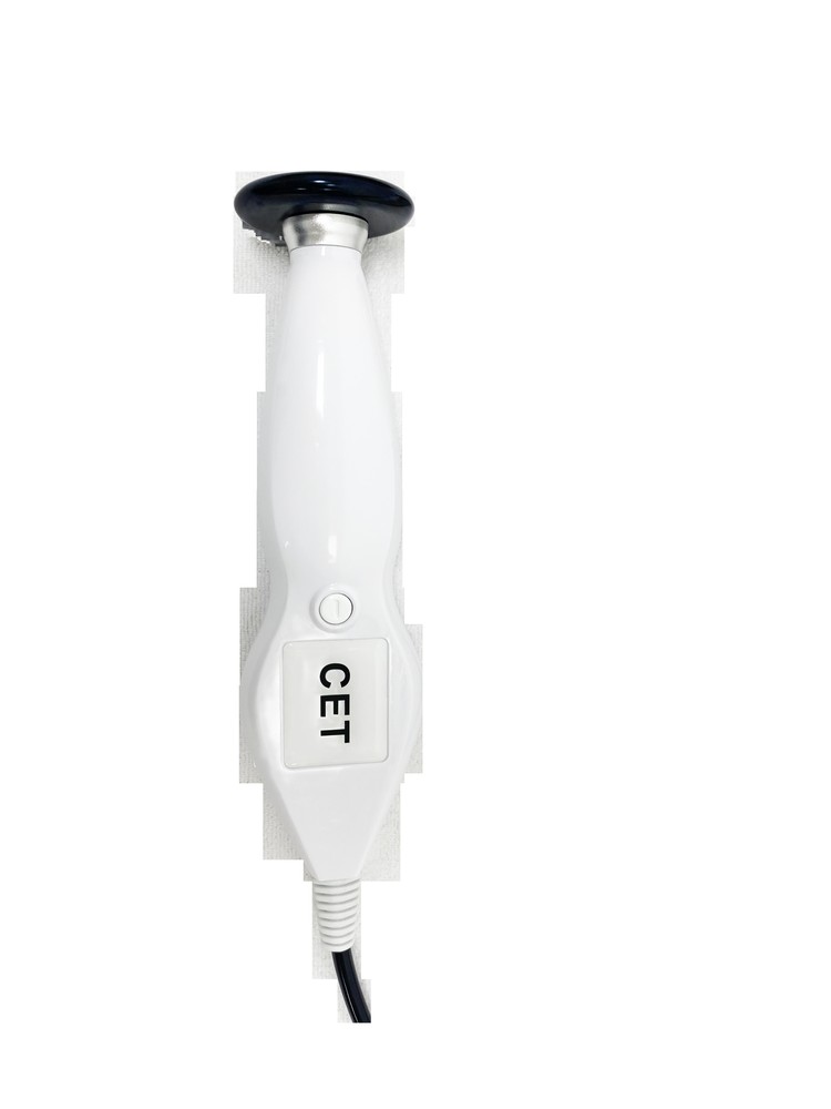 CET handpiece shown separately on a plain background, with its circular working face and cable connection visible