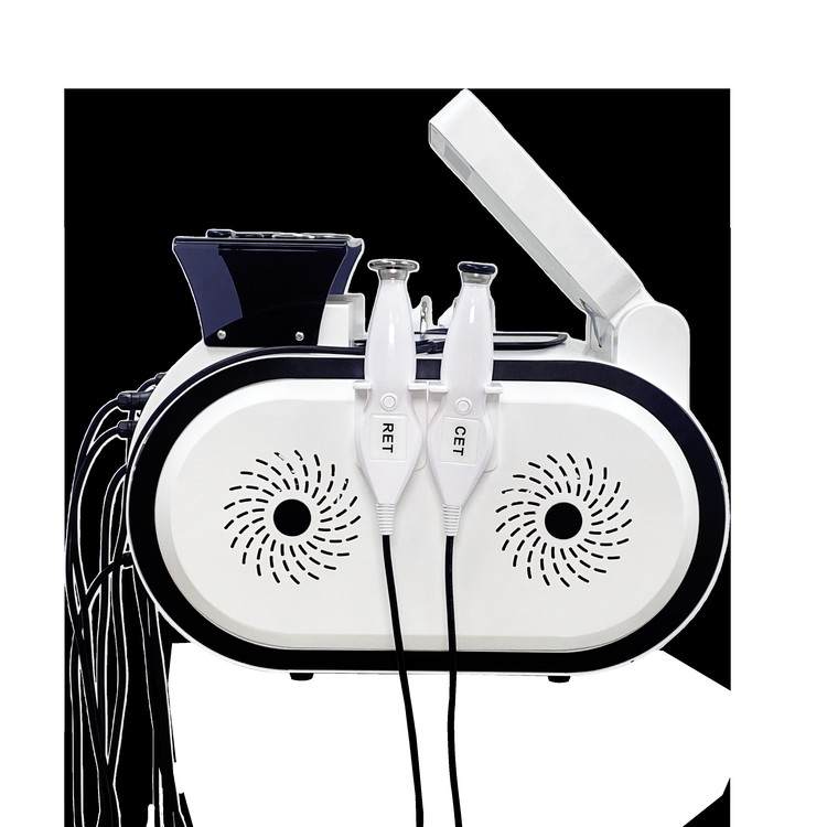 CET and RET handpieces stored side by side on the TECAR unit, with the cables hanging from their labelled holders