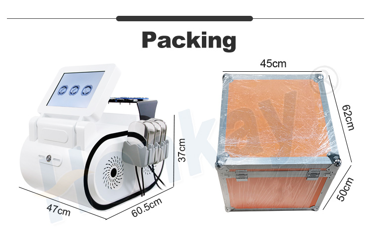 TECAR unit dimensions of 47 by 60.5 by 37 cm alongside the 45 by 50 by 62 cm shipping carton